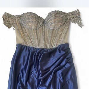 Elegant Blue and Silver Off-Shoulder Prom Dress